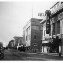 Exterior view of Loew's State Theatre on the northeast corner of 12th and J Streets, which opened as the Diepenbrock in 1911. Was then the Strand Theatre in 1915 and as Loew's State Theatre in 1920. The structure burned in 1927. To the left is the Masonic building and the Native Sons of the Golden West at 11th and J Streets