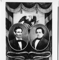 Republican banner for the 1860 presidential election, featuring portraits of Abraham Lincoln and Hannibal Hamlin with American eagle in background