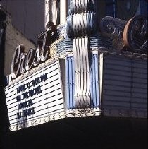 Close-up view of the Crest Theater in the center