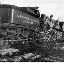 Copy print of the staged "train wrecks" conducted annually at the California State Fair. They were also know as the "Locomotive Collision Spectacle" they had special train cars set aside just for the event