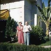 Slides of California Historical Sites. Catherine and Lawrence Merriam at Tomlinson House, Sonoma, Calif