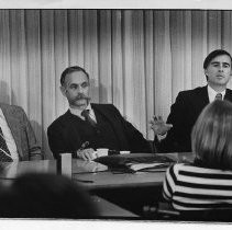 Dr. Jerome Lackner, head of the Dept. of Health Services (center) with Secretary of Health and Welfare Mario Obledo and Gov. Jerry Brown at a press conference