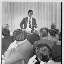 Edmund "Jerry " Brown, Jr., speaking before group