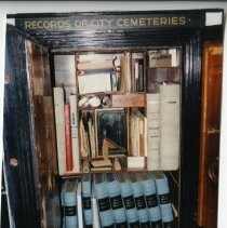 Interior view of the vault holding cemetery records for the Sacramento City Cemetery in the Mortuary Chapel and Archives Office on the grounds of the cemetery