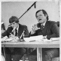 Senator Edward M. Kennedy, arriving in Sacramento for hearings/training on Indians, with Senator John V. Tunney