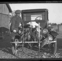 Man with geese standing next to an automobile