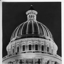 Exterior view of the California State Capitol dome alight after several years of darkness