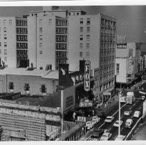 An elevated view of K Street showing the Fox Theatre on the left. View is looking west from 10th Street. The Fox had just changed its name from the Fox Senator Theatre in 1962