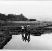 Photographs of landscape of Bolinas Bay. Irene and Aubrey Neasham with unidentified man next to lagoon