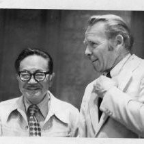 Dr. S.I. Hayakawa and Robert Finch chat prior to their joint appearance before a meeting of the California Federation of Republican Women