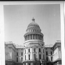 Exterior view of the California State Capitol showing the demolition of the apse or center section to make room for the Annex on the east side of the building