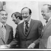 Hubert Humphrey, longtime U.S. Senator from Minnesota, 38th Vice President (under LBJ, 1965-1969), Democratic nominee for President, 1968, in Sacramento to meet with Democrats. From left, Speaker Bob Moretti, Assem. Charles Warren, Sen. Milton Marks