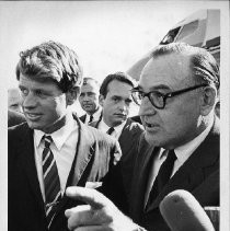 Senator Robert F. Kennedy (D-NY) arriving at airport in Sacramento, with Governor Pat Brown