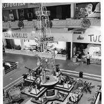 An elevated view of Kern County's exhibit booth at the California State Fair. This was the last fair held at the old fair grounds