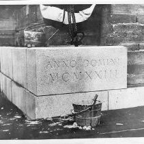 Close-up view of the cornerstone for State Building 1 of the state capitol extension project in 1923