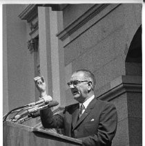 President Lyndon B. Johnson speaking in front of the Capitol during a campaign visit to Sacramento in 1964