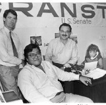 Alan Cranston's re-election campaign staff from left: son Kim Cranston, spokesman Kam Kuwata in the center and Darry Sragow on the right