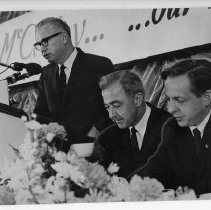 State Senator Al Rodda introduces presidential candidate Eugene McCarthy as campaign cochair Gerald Hill listens