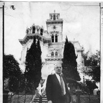 Governor Edmund G. "Pat " Brown, Sr. standing in front of former Governor's mansion