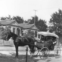 Three people in a fringed carriage