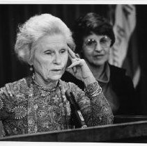 Millie Jeffrey, national chairperson for the National Women's Political Caucus, speaking to the press in the Capitol. A union organizer and leader, she was active in the Democratic Party and worked for civil and women's rights