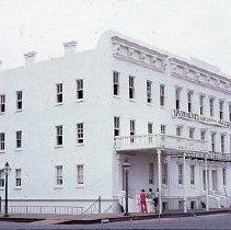Old Sacramento. View of the Clarendon House apartment building on the corner of Second and L Streets