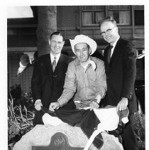 Dr. Albert Shumate, Director of the California Heritage Council, James A. Millholland, Vice Chairman of the San Francisco-Sacramento Pony Express Re-Run Committee and Roy S. Bloss, author of several Pony Express books at the dedication of the commemorative plaque celebrating the centennial of the Pony Express in 1960