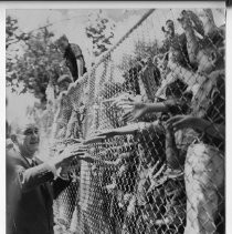 President Lyndon B. Johnson on a campaign visit to Sacramento, greets crowd which is behind a wire fence, sticking hands through to shake hands with him