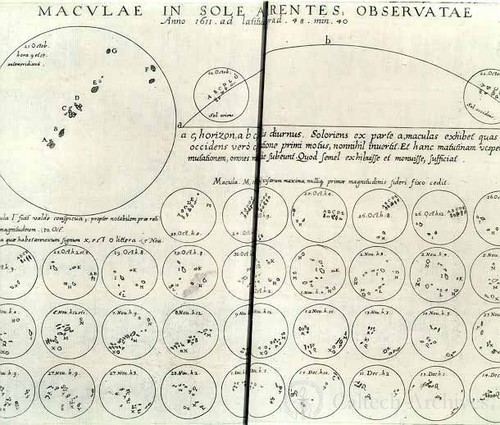 Galileo, table of sunspot observations, from Istoria e Dimostrazioni intorno alle Macchie Solari (History and Demonstration concerning Sunspots), Rome, 1613