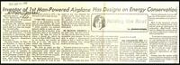 Inventor of 1st man-powered airplane has designs on energy conservation (1 item)