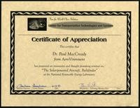 Center for Transportation Technologies and Systems certificate of appreciation (1 item)