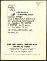 Sun powered aircraft design, American Inst of Aeronautics and Astronautics annual meeting "Frontiers of achievement" (16 items)