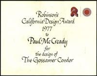Robinson's California Design Award for design of the Gossamer Condor (4 items)