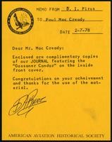 Gossamer Condor attains man-powered flight goal, American Aviation Historical Society Journal, Vol. 22, no. 3 (3 items)