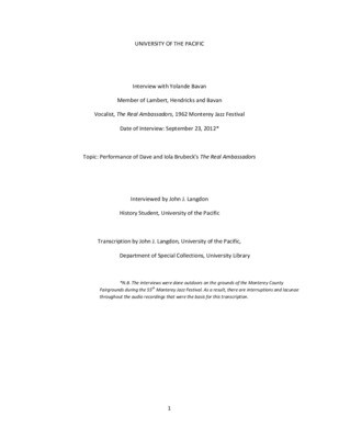 Interview with Yolande Bavan Member of Lambert, Hendricks and Bavan Vocalist, The Real Ambassadors, 1962 Monterey Jazz Festival Date of Interview: September 23, 2012