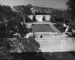 A over-head shot of a courtyard with many sculptures in the Forest Lawn Memorial Park