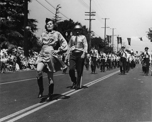 American Legion parade, Long Beach, bugle corps led by drum major and drum majorette