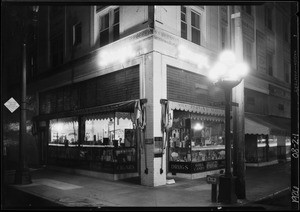 Electric sign on drug store, West Pico Boulevard & South Hope Street, Los Angeles, CA, 1926