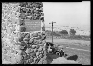 Chevy at monument on Mulholland Drive with Marie Barnett, Los Angeles, CA, 1925; Battle of Cahuenga monument, Los Angeles, CA, 1925