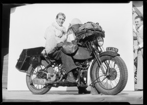 Motorcycle at studio in which he circled the globe, Robert Fulton, Southern California, 1933