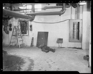 Switchboard in basement of U.S. Gypsum Co., Ralph Kearns vs. U.S. Gypsum Co., 8430 Quartz Street, South Gate, CA, 1940