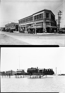 Shops and homes near and on the beach at Newport Beach, California, in Orange County