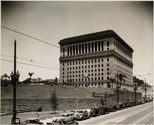 Looking west past the Hall of Justice towards the Prohibition billboard atop the Women's Christian Temperance Union building in the Civic Center