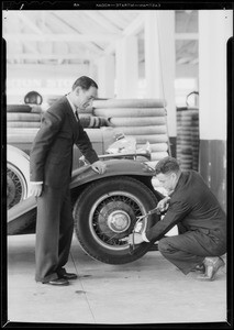 Publicity shots of tires, Cezan Tire Co, Pico and Broadway store, Los Angeles, CA, 1931