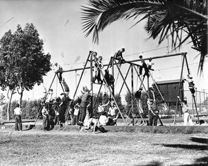 Young boys playing on the playground bars and rings