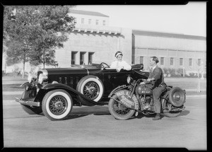 New roadster & cycletow, Southern California, 1932