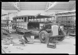Wrecked bus to be repaired, Southern California, 1934