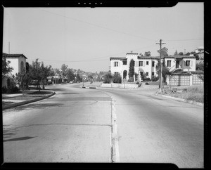 Skid marks and street in front of 1494 1/2 North Silver Lake Boulevard, Miss Thompson's wrecked Chrysler, Southern California, 1940