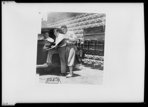 Small photo print, 3 men and car, Garnier Engraining Co., Southern California, 1932