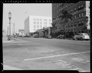 Intersection & skid marks at Wilshire Boulevard and Berendo Street, Los Angeles, CA, 1940